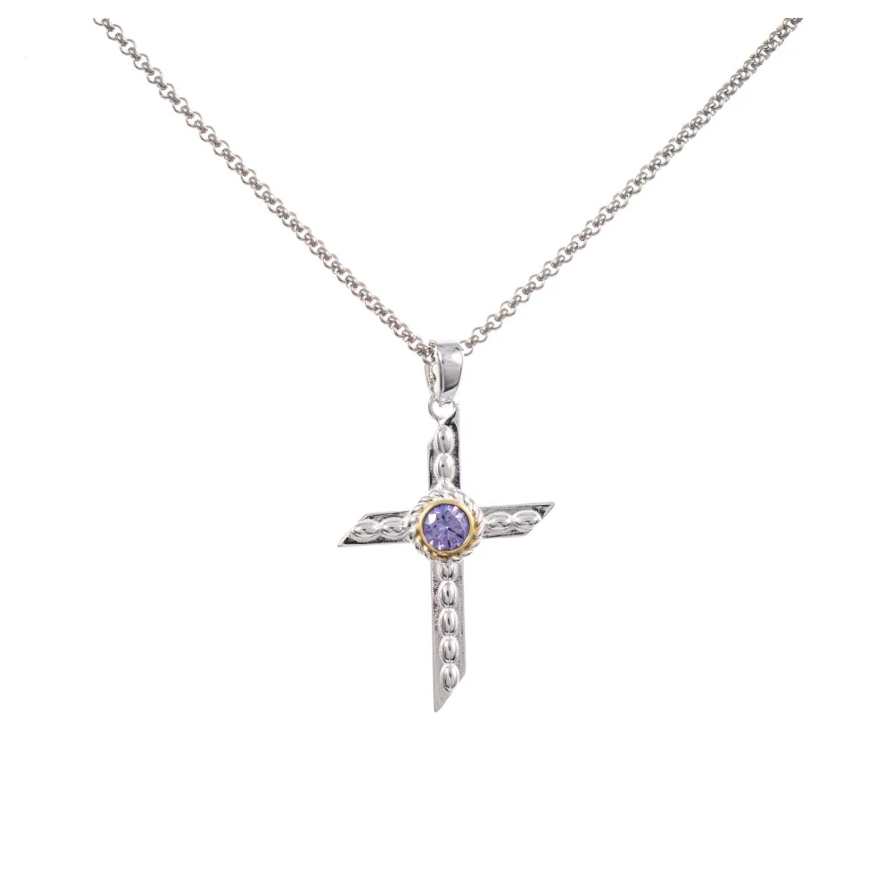 Anhänger Kreuz mit Kette 925 Silber teilvergoldet Zirkonia flieder