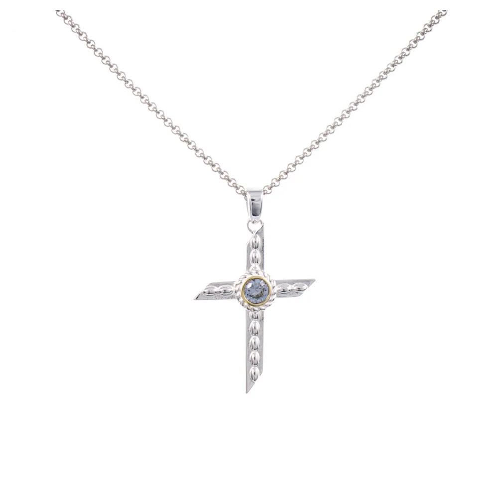 Anhänger Kreuz mit Kette 925 Silber teilvergoldet Zirkonia hellblau