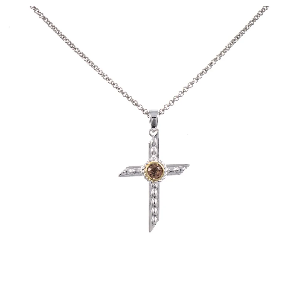 Anhänger Kreuz mit Kette 925 Silber teilvergoldet Zirkonia cognac