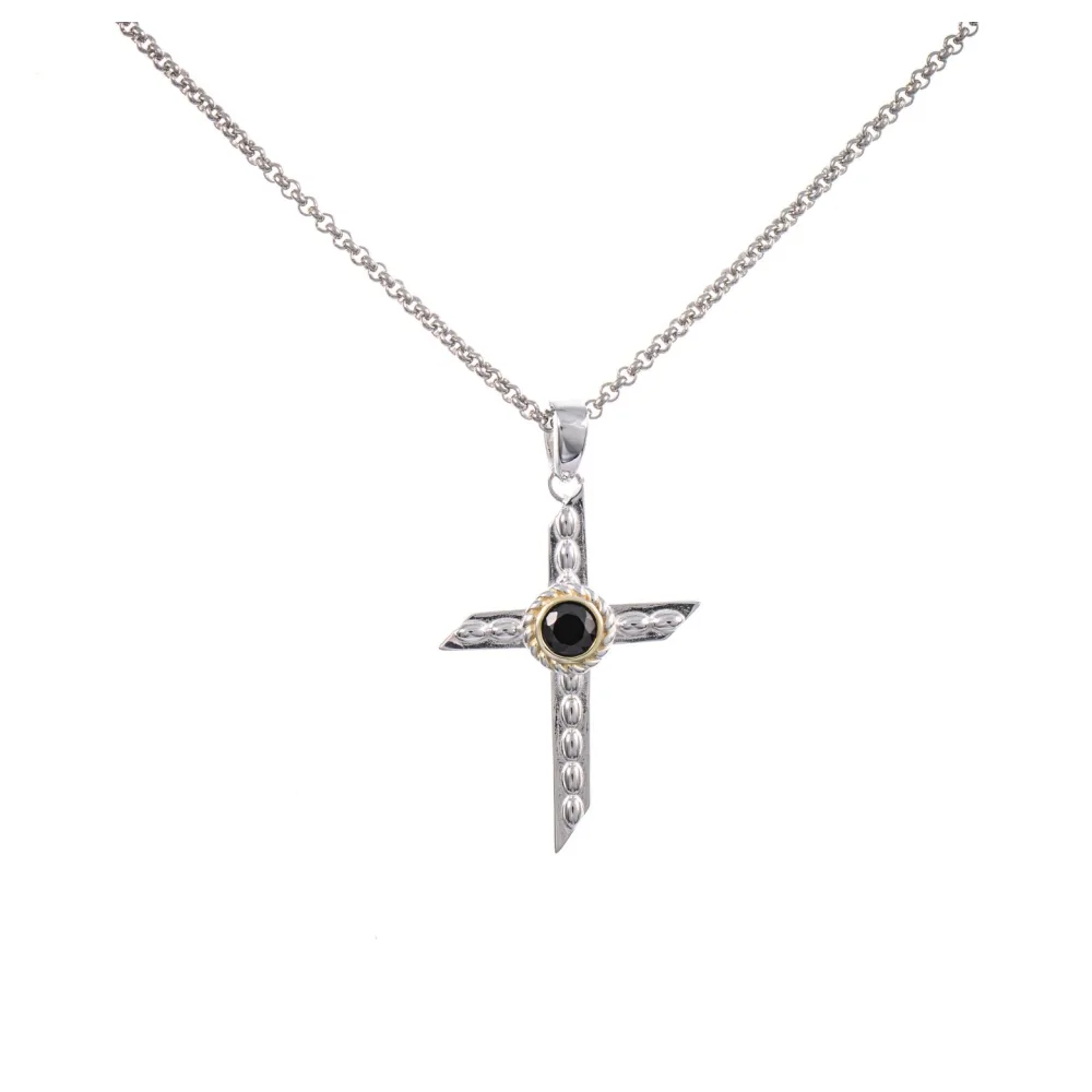 Anhänger Kreuz mit Kette 925 Silber teilvergoldet Zirkonia schwarz