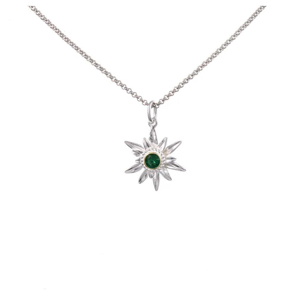 Anhänger Edelweiss mit Kette 925 Silber teilvergoldet Zirkonia grün