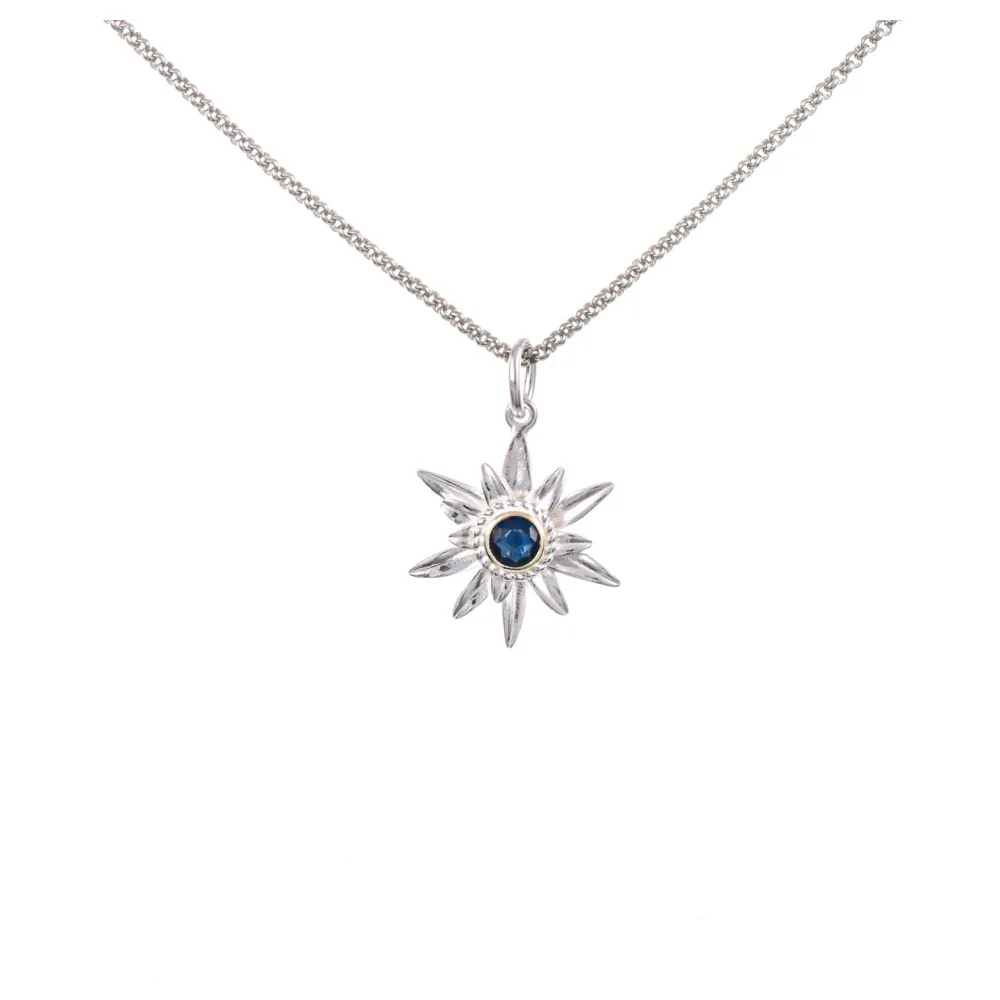Anhänger Edelweiss mit Kette 925 Silber teilvergoldet Zirkonia blau