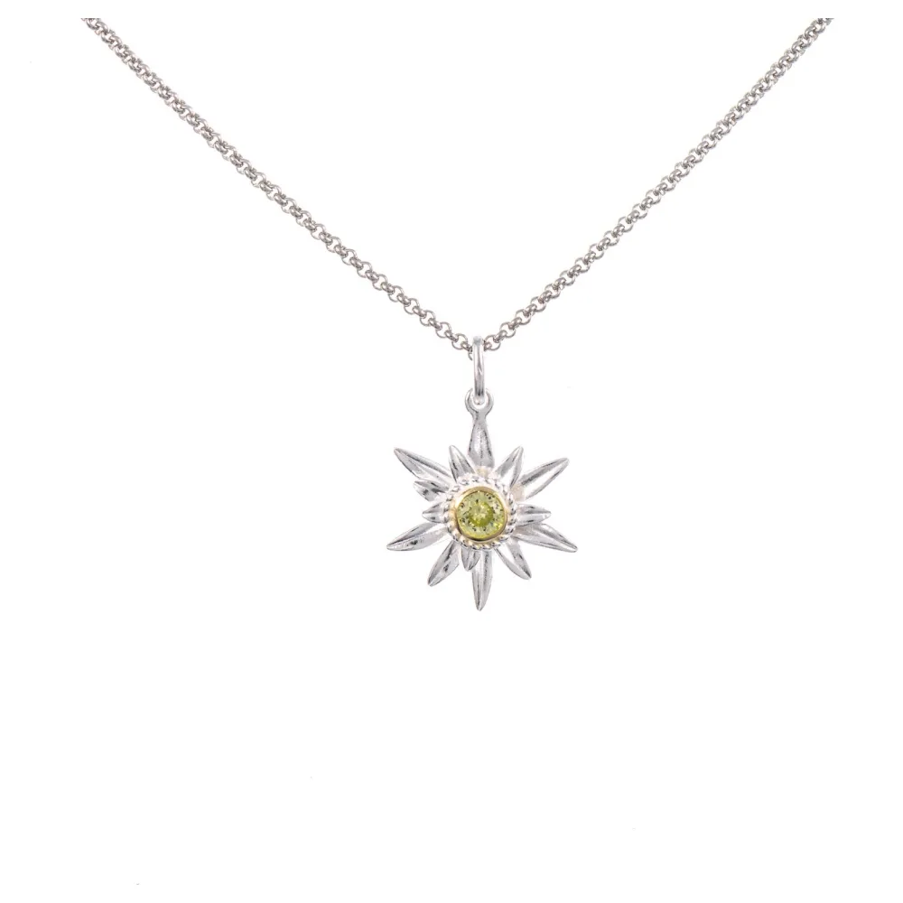Anhänger Edelweiss mit Kette 925 Silber teilvergoldet Zirkonia hellgrün