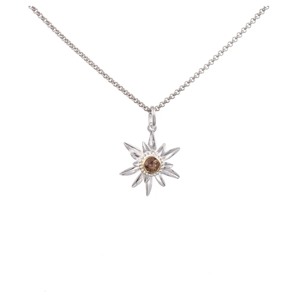 Anhänger Edelweiss mit Kette 925 Silber teilvergoldet Zirkonia cognac