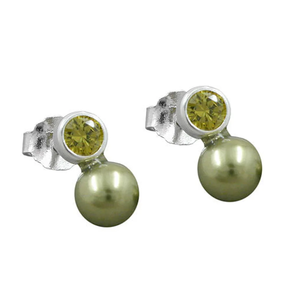 Ohrstecker Zirkonia oliv Perle Imitat 925