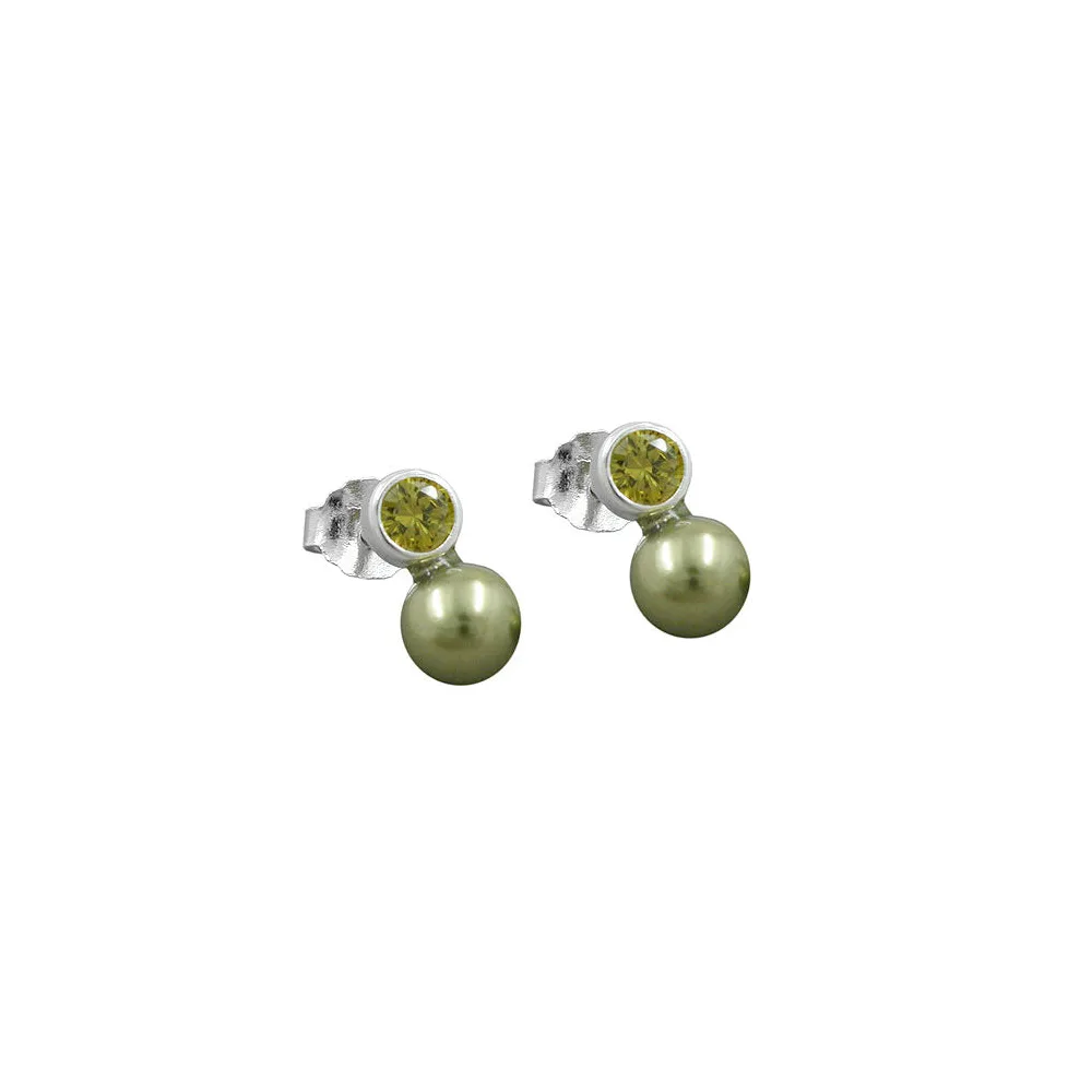 Ohrstecker Zirkonia oliv Perle Imitat 925