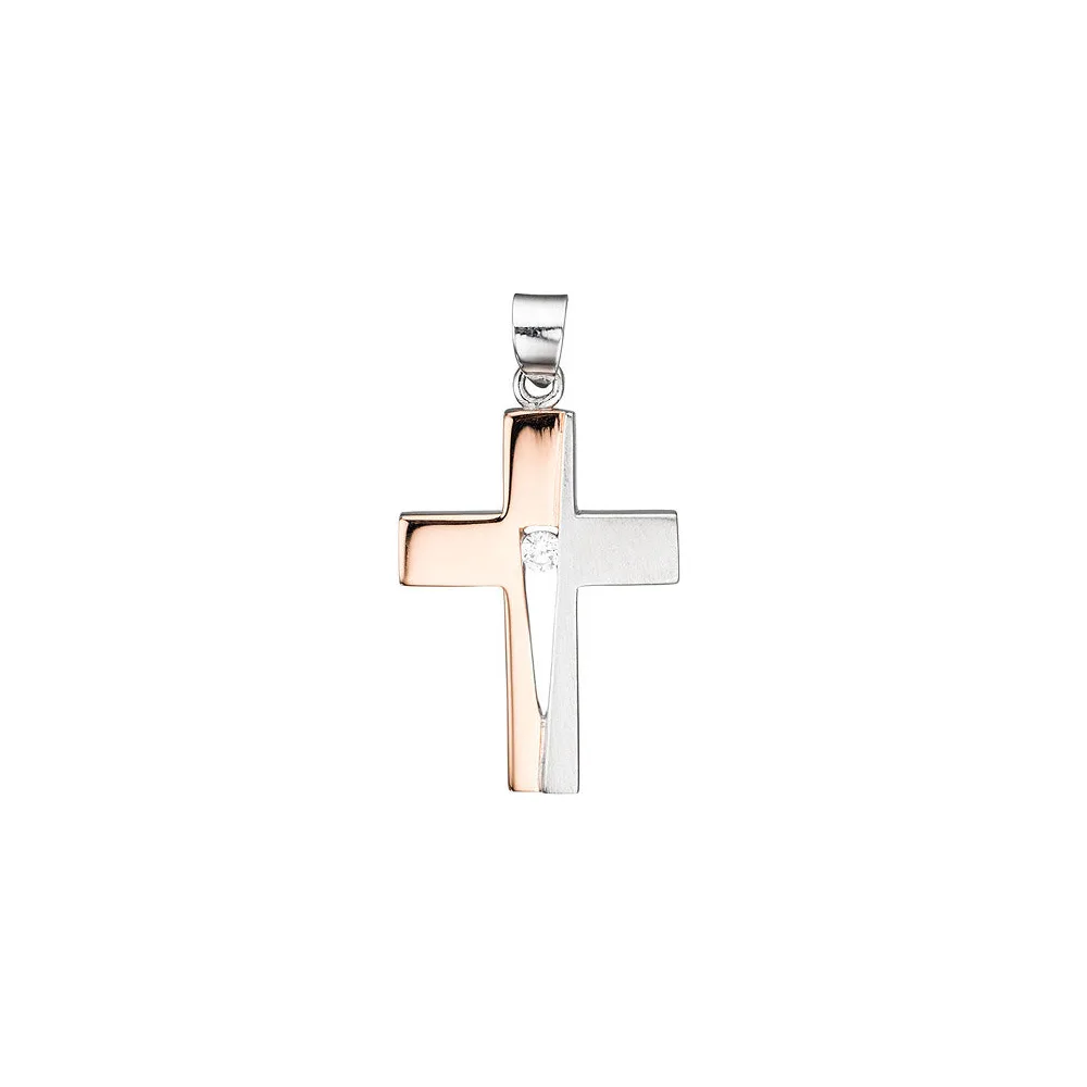 Anhänger Kreuz 925 Silber rotgold vergoldet bicolor 1 Zirkonia Kreuzanhänger
