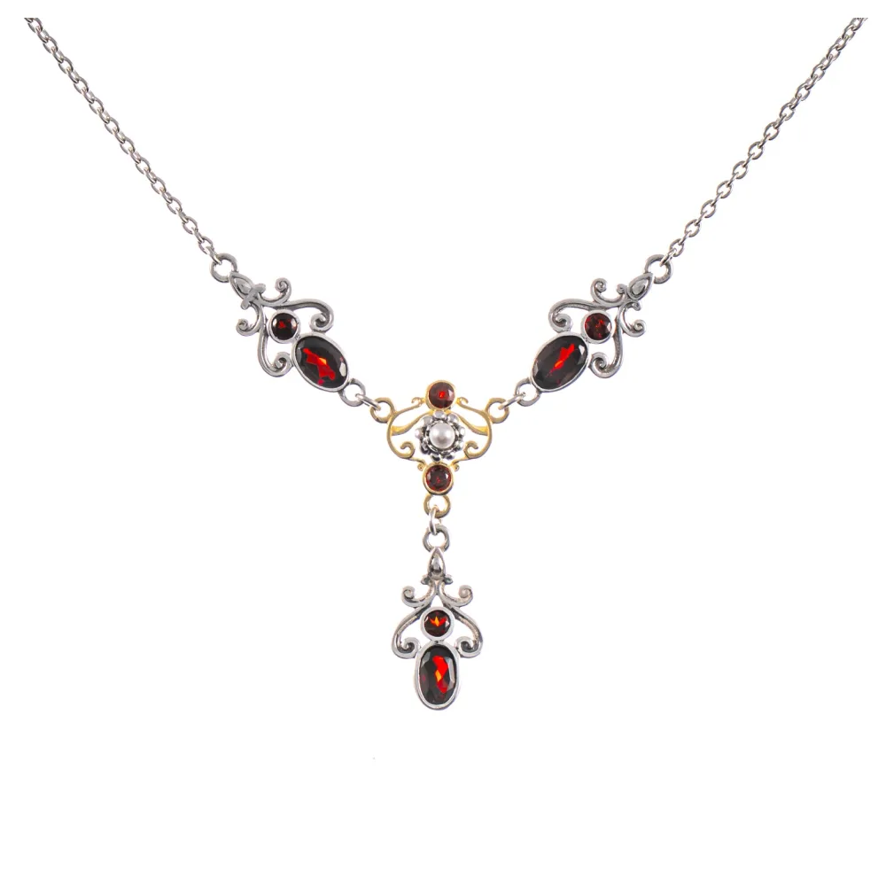 Collier 925 Silber geschwärzt teilvergoldet Granat Perle