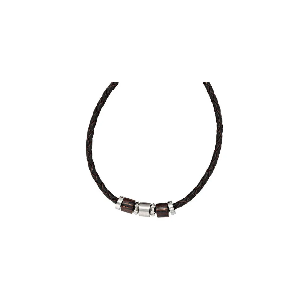 Collier Halskette Leder schwarz mit Edelstahl und Holz 45 cm Kette Lederkette