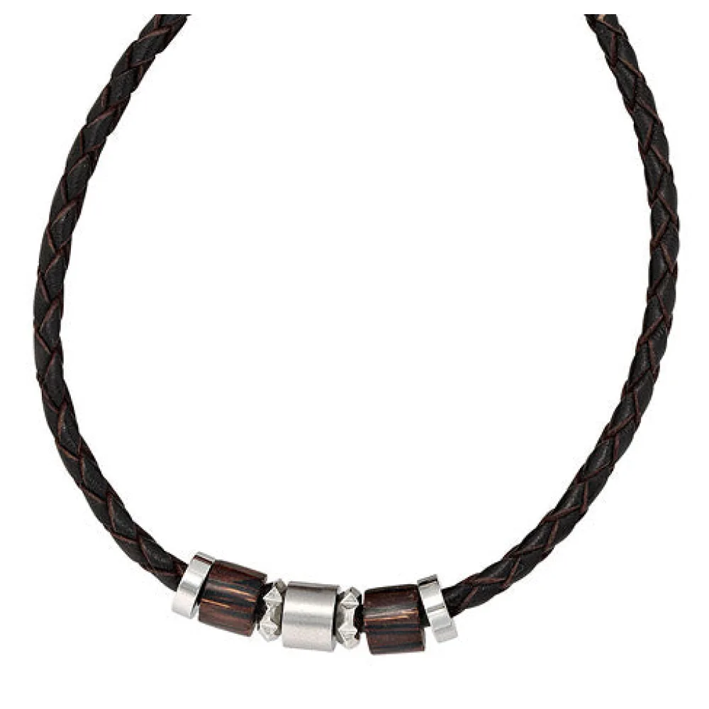Collier Halskette Leder schwarz mit Edelstahl und Holz 45 cm Kette Lederkette