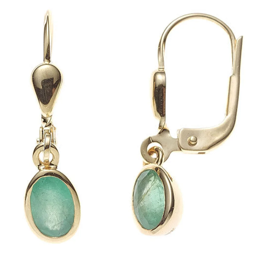 Boutons oval 585 Gold Gelbgold 2 Smaragde grün Ohrringe Ohrhänger Goldohrringe