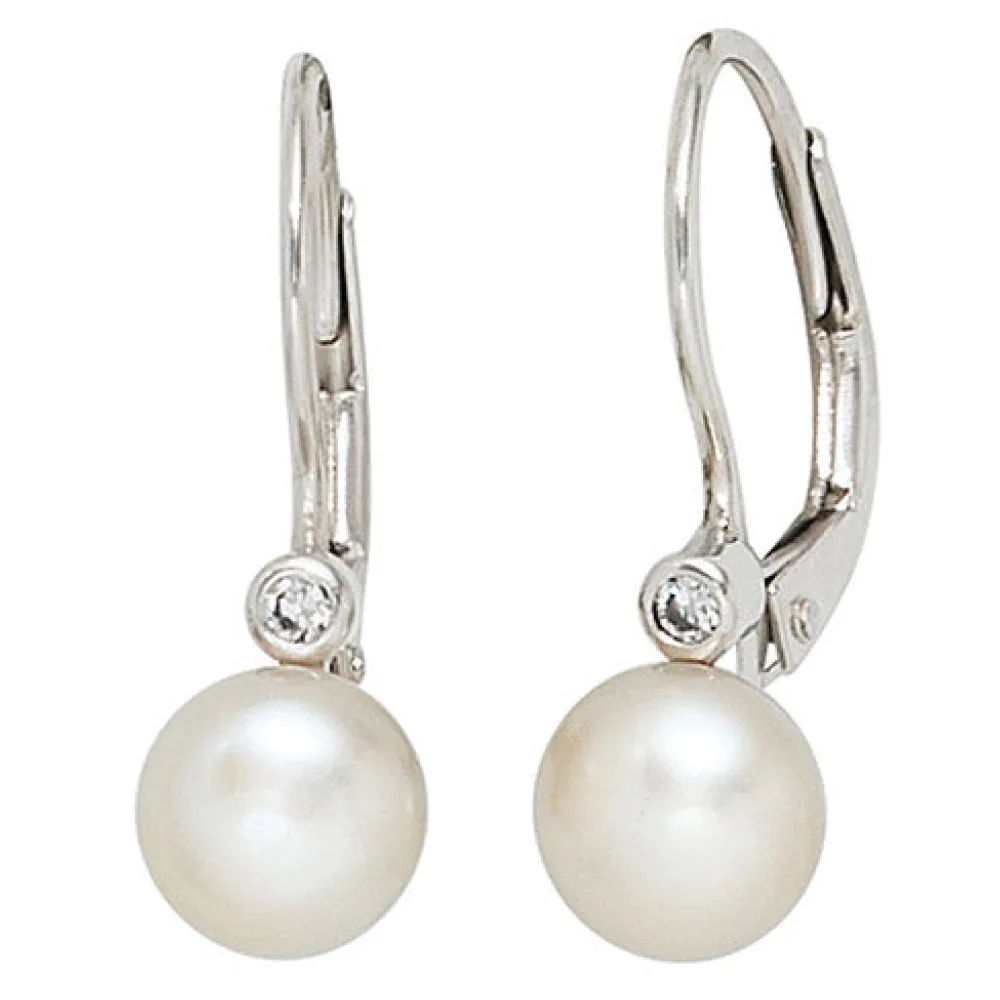 Boutons 925 Sterling Silber 2 Süßwasser Perlen 2 Zirkonia Ohrringe Ohrhänger