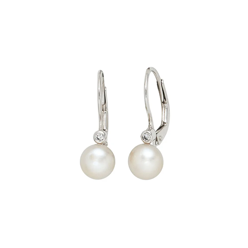 Boutons 925 Sterling Silber 2 Süßwasser Perlen 2 Zirkonia Ohrringe Ohrhänger