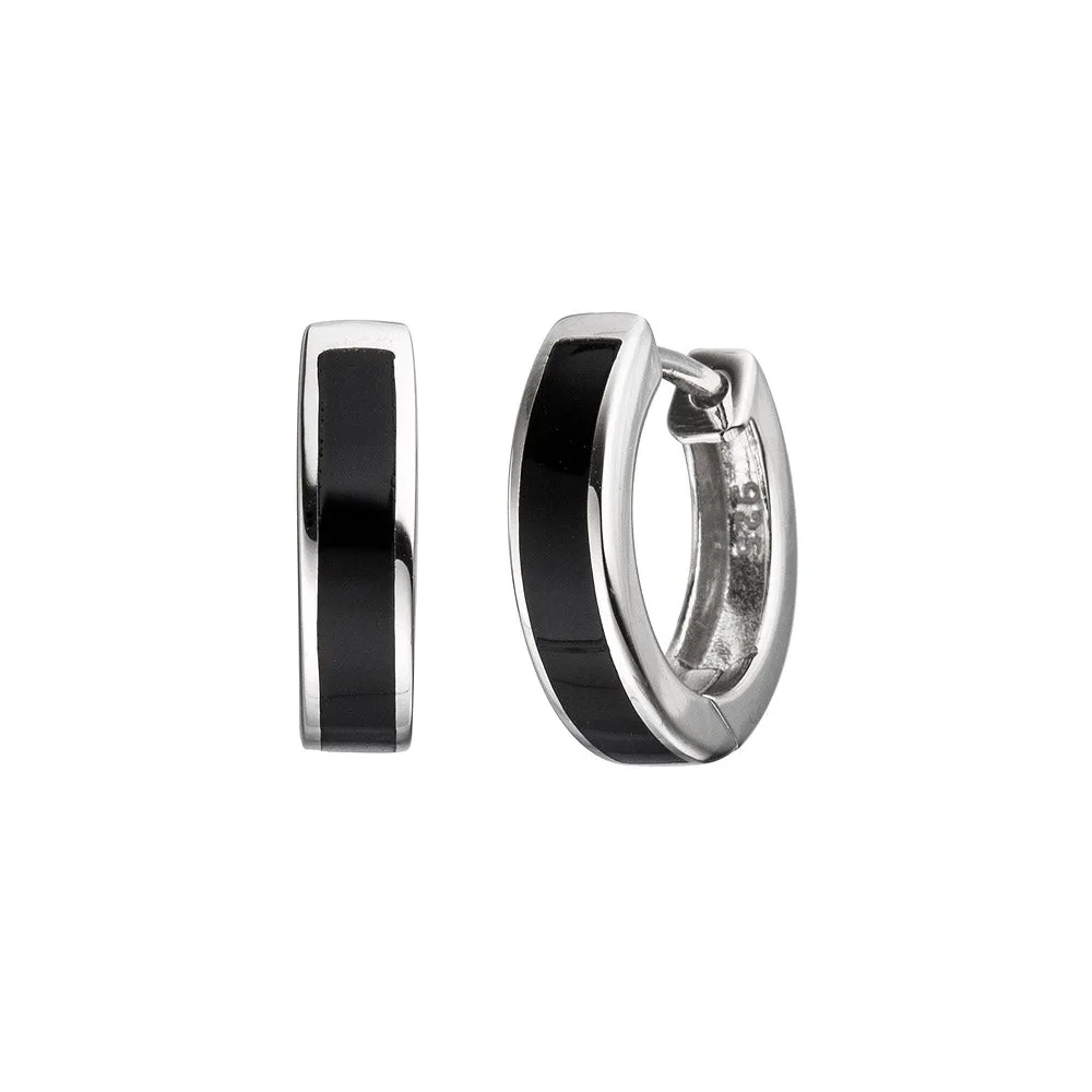 Creolen rund 925 Silber mit Onyx-Imitation schwarz Ohrringe Silberohrringe