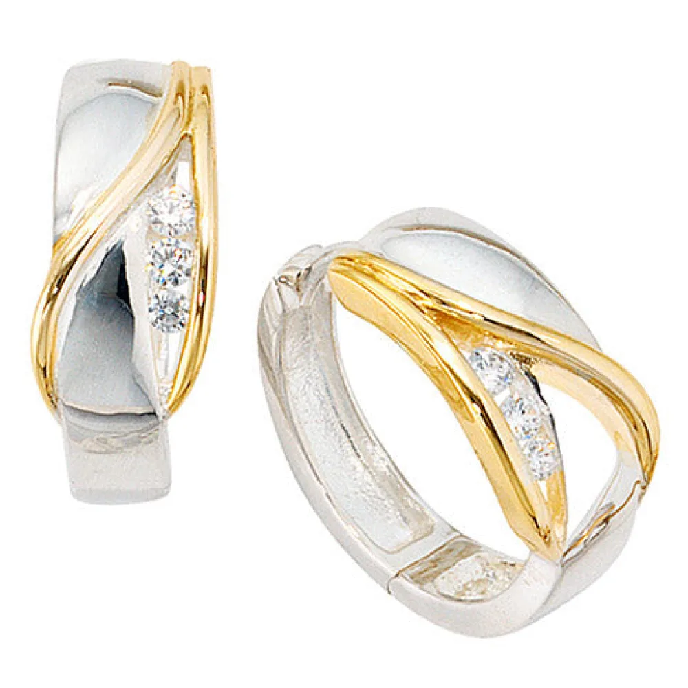 Creolen rund 925 Sterling Silber bicolor vergoldet 6 Zirkonia Ohrringe