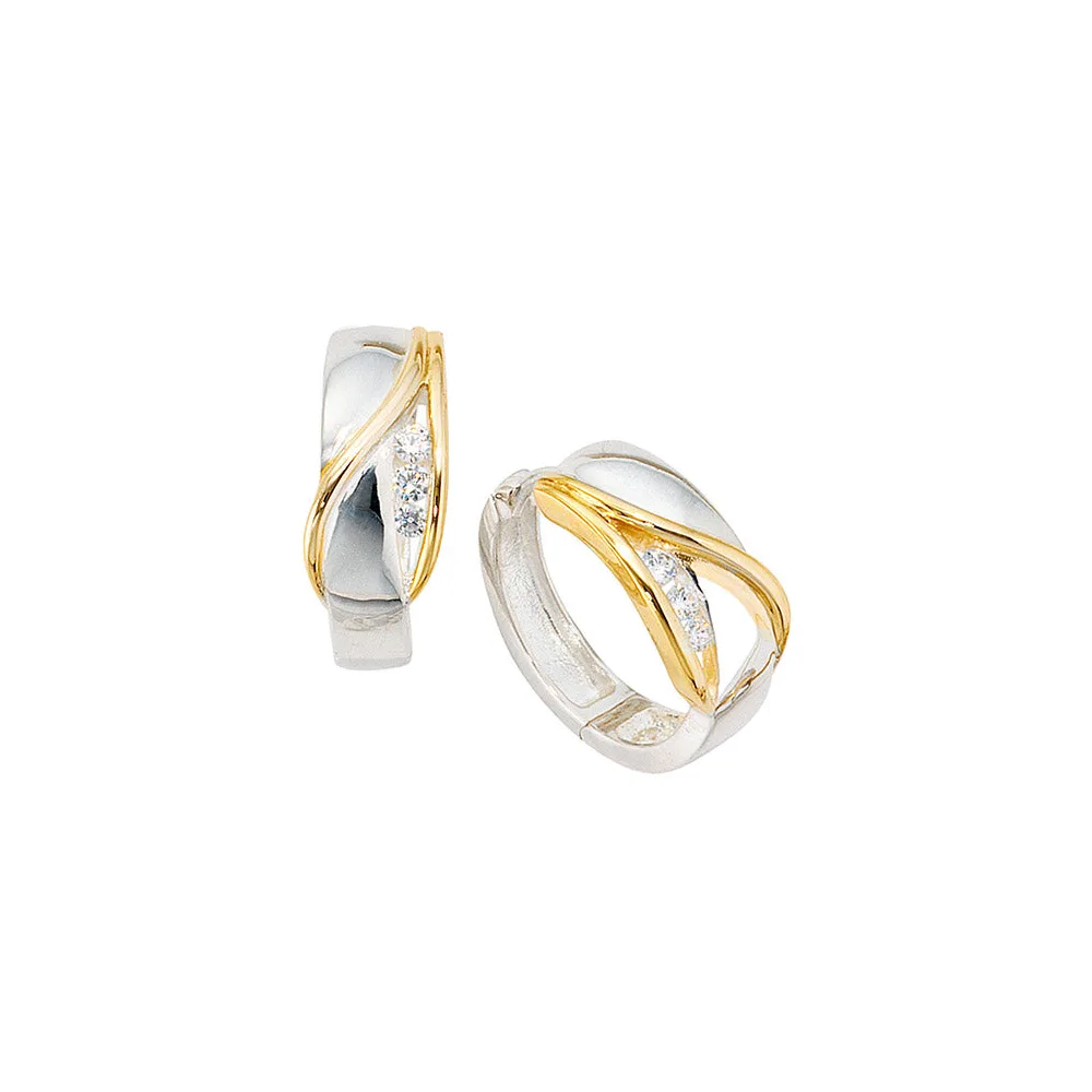 Creolen rund 925 Sterling Silber bicolor vergoldet 6 Zirkonia Ohrringe