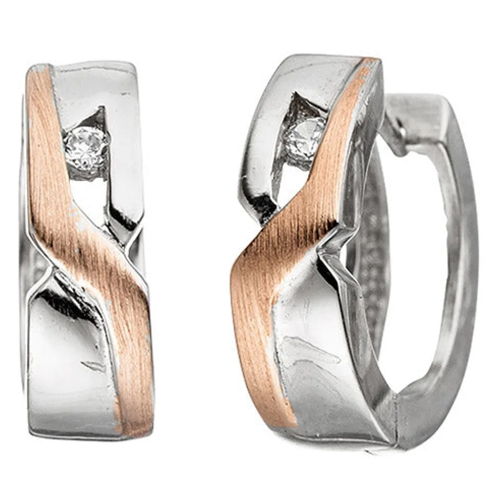 Creolen rund 925 Silber bicolor vergoldet mattiert 2 Zirkonia Ohrringe