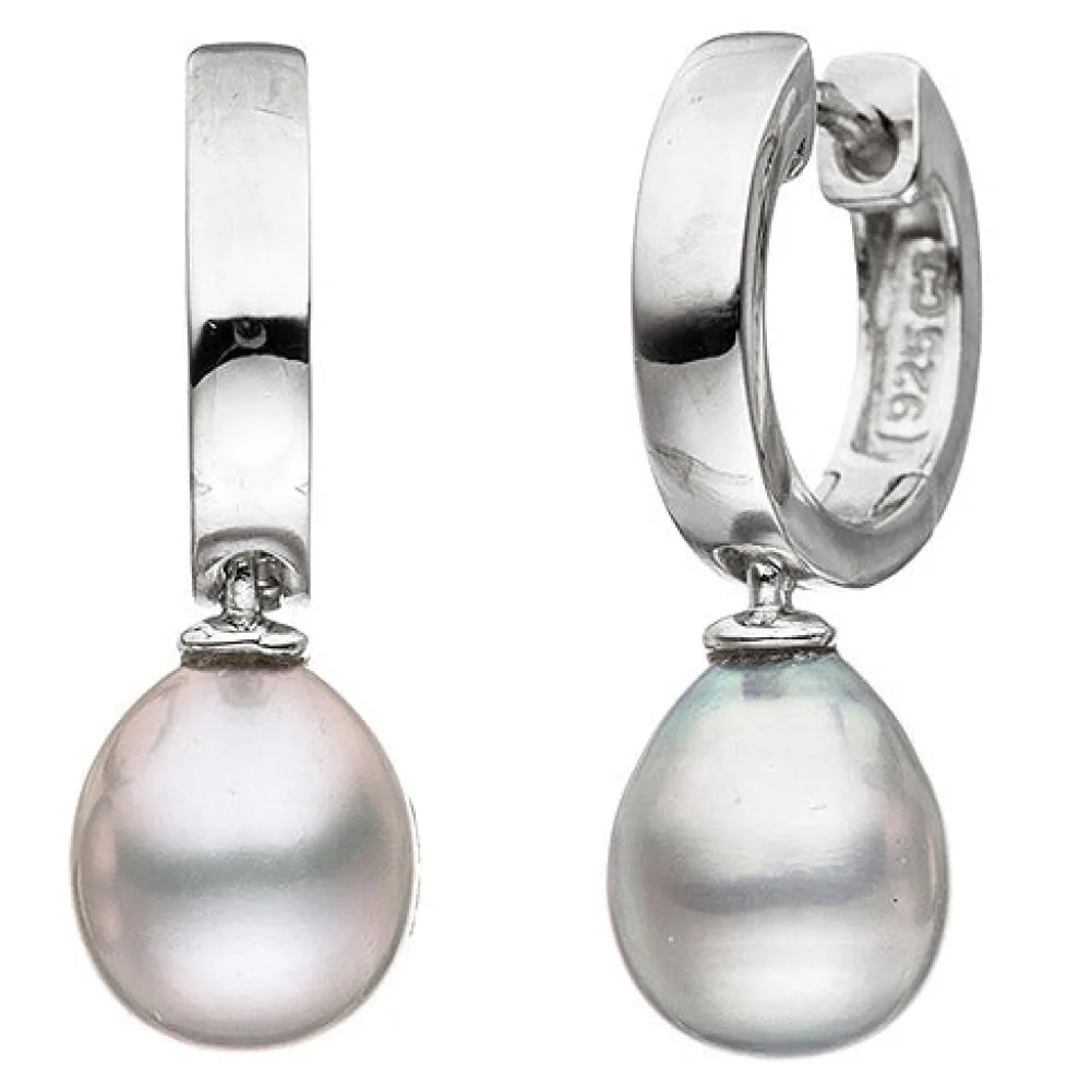 Creolen 925 Sterling Silber 2 graue Süßwasser Perlen Ohrringe Perlenohrringe