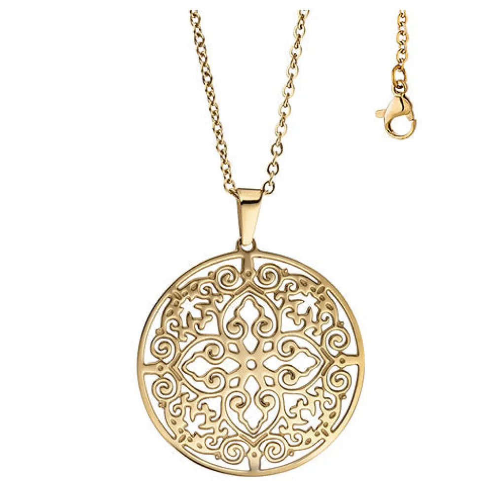 Collier Kette mit Anhänger rund Edelstahl gold farben beschichtet 46 cm