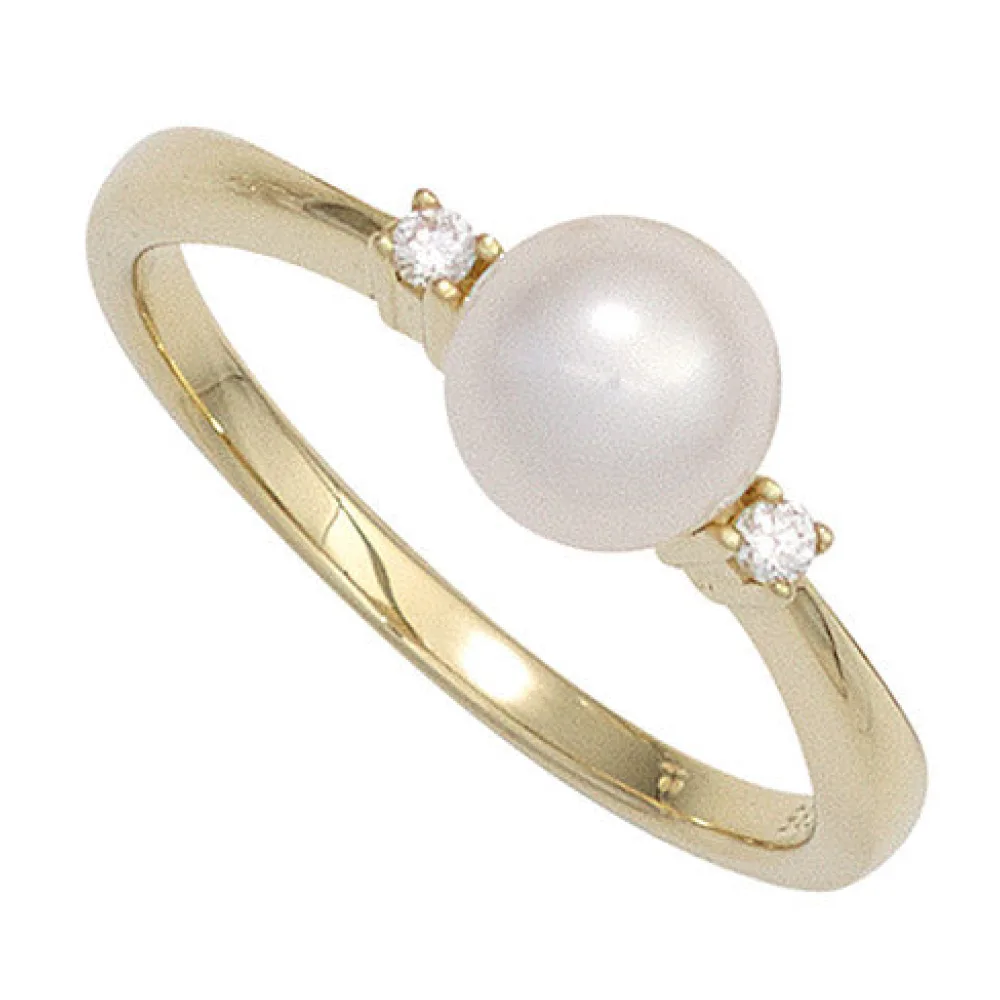 Damen Ring 585 Gold Gelbgold 1 Süßwasser Perle 2 Diamanten Brillanten Perlenring-50