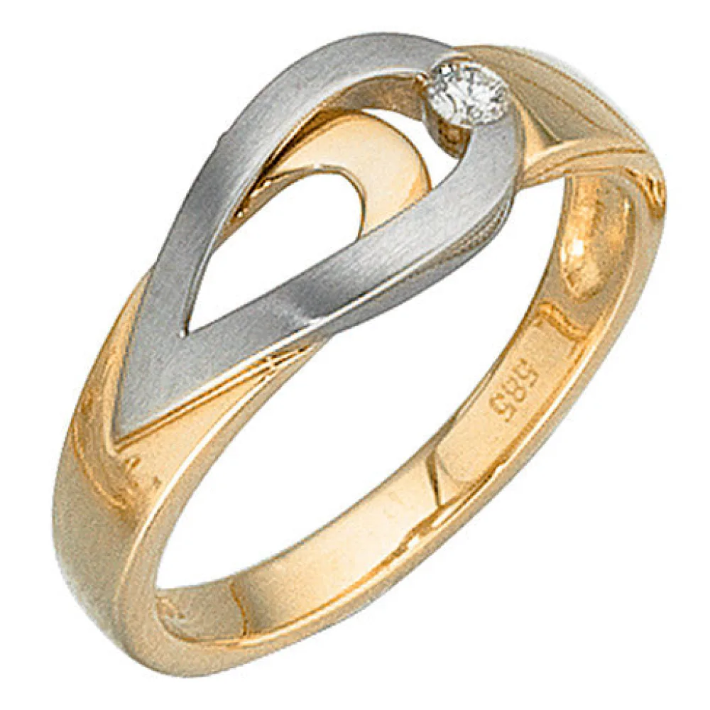 Damen Ring 585 Gold Gelbgold Weißgold bicolor matt 1 Diamant Brillant-54