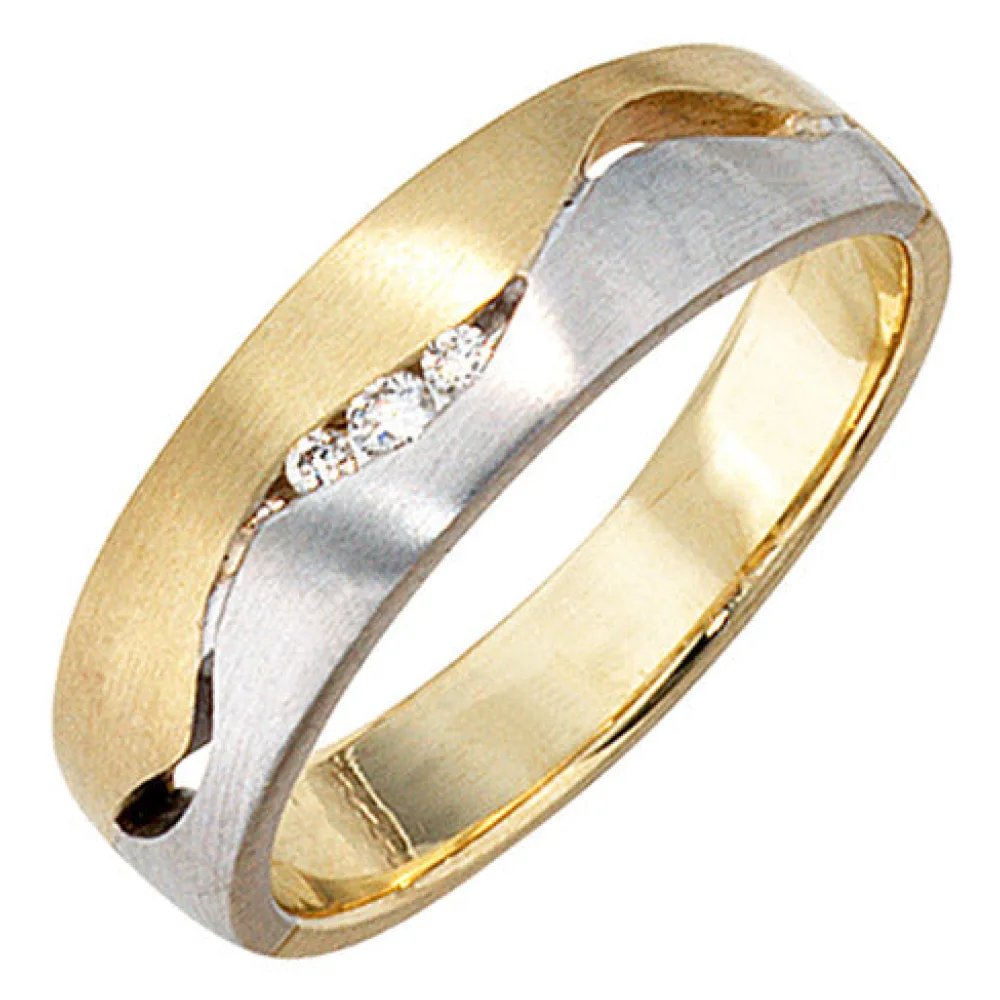 Damen Ring 585 Gold Gelbgold Weißgold bicolor matt 3 Diamanten Brillanten-56