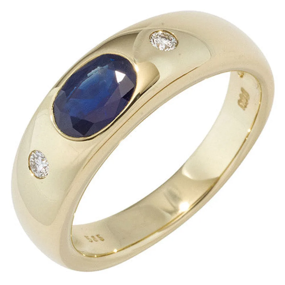 Damen Ring 585 Gold Gelbgold 1 Safir blau 2 Diamanten Brillanten Goldring-52