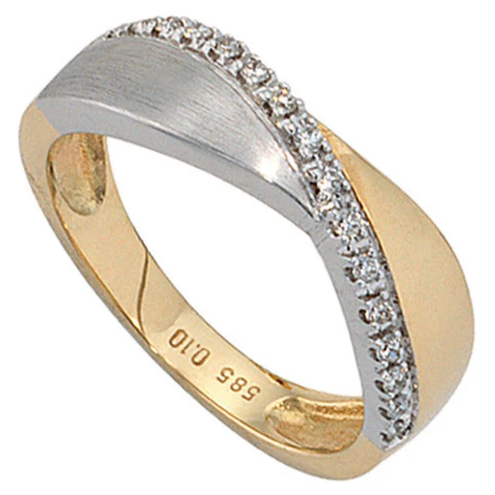 Damen Ring 585 Gold Gelbgold Weißgold bicolor matt 16 Diamanten Brillanten-56