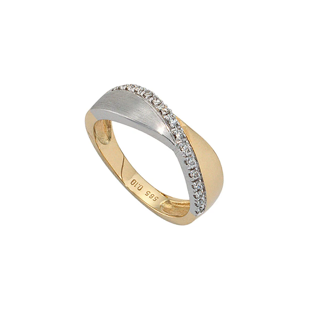 Damen Ring 585 Gold Gelbgold Weißgold bicolor matt 16 Diamanten Brillanten-60