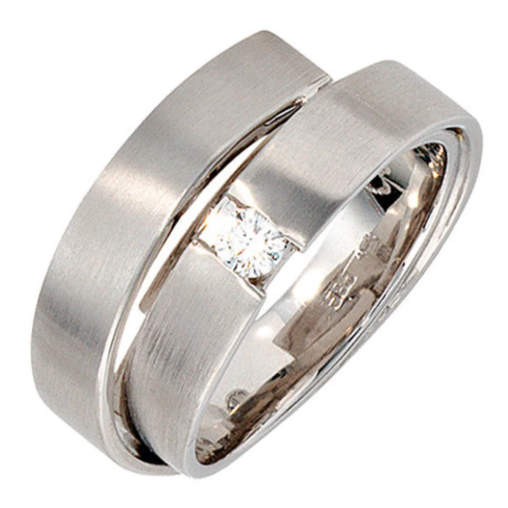 Damen Ring 585 Gold Weißgold matt 1 Diamant Brillant 0 12ct. Weißgoldring-60
