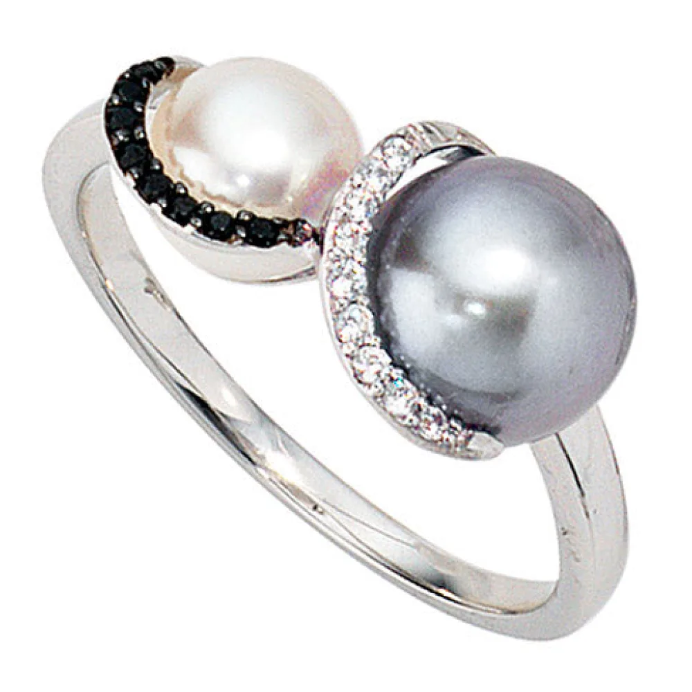 Damen Ring 585 Gold Weißgold 2 Süßwasser Perlen 17 Diamanten Brillanten Goldring-52
