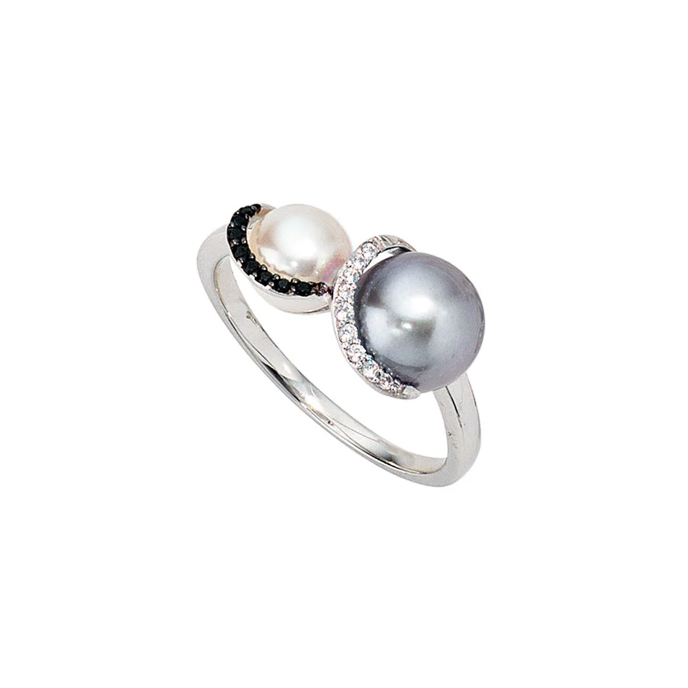 Damen Ring 585 Gold Weißgold 2 Süßwasser Perlen 17 Diamanten Brillanten Goldring-54