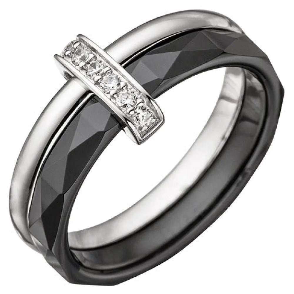 Damen Ring 925 Sterling Silber mit Zirkonia und Keramik schwarz Keramikring-58