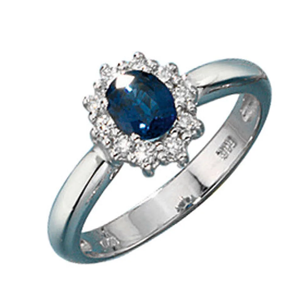 Damen Ring 585 Gold Weißgold 1 Safir blau 10 Diamanten Brillanten Goldring-56