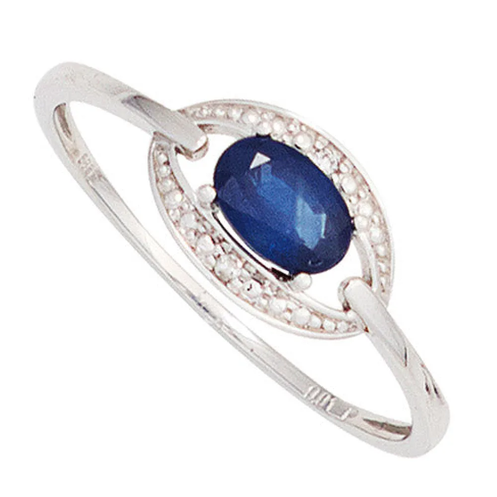 Damen Ring 585 Gold Weißgold 1 Safir blau 2 Diamanten Brillanten Goldring-60