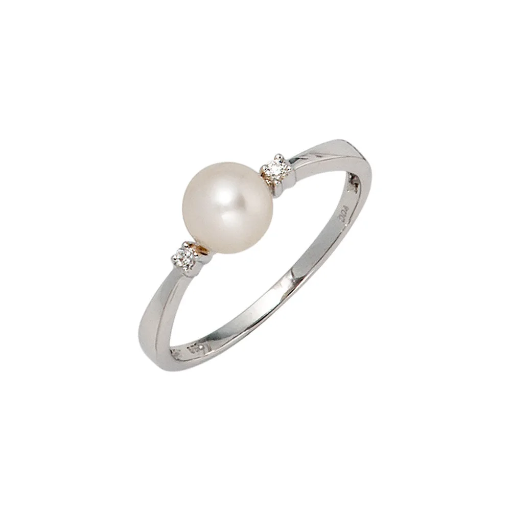 Damen Ring 585 Gold Weißgold 1 Süßwasser Perle 2 Diamanten Brillanten Perlenring-56