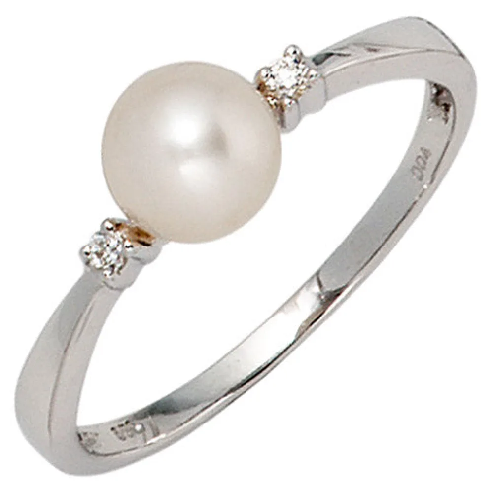 Damen Ring 585 Gold Weißgold 1 Süßwasser Perle 2 Diamanten Brillanten Perlenring-58