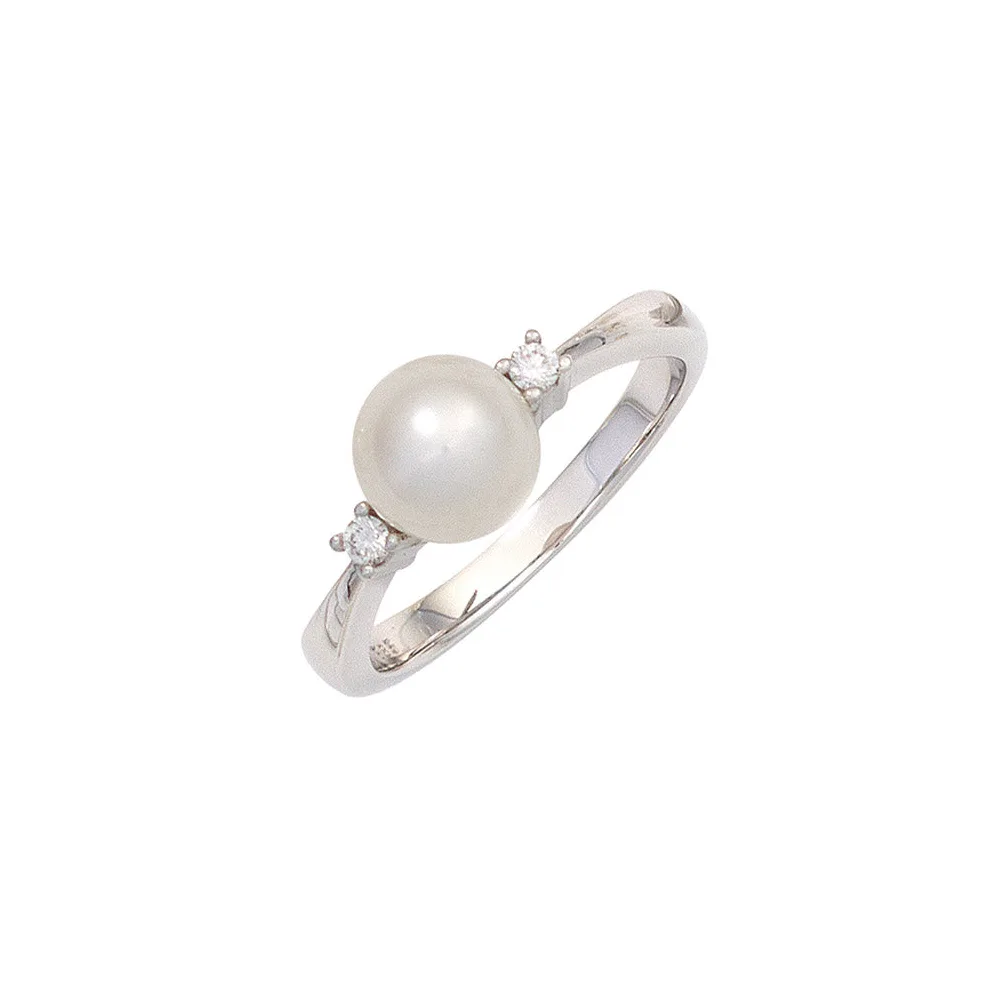 Damen Ring 585 Gold Weißgold 1 Süßwasser Perle 2 Diamanten Brillanten Perlenring-52