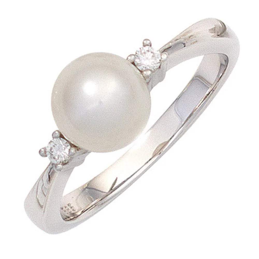 Damen Ring 585 Gold Weißgold 1 Süßwasser Perle 2 Diamanten Brillanten Perlenring-58