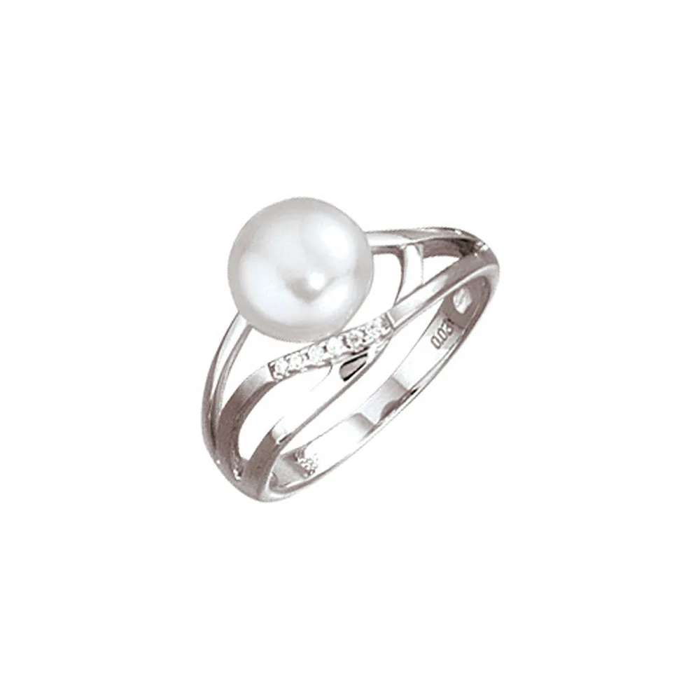 Damen Ring 585 Gold Weißgold 1 Süßwasser Perle 6 Diamanten Brillanten Goldring-56