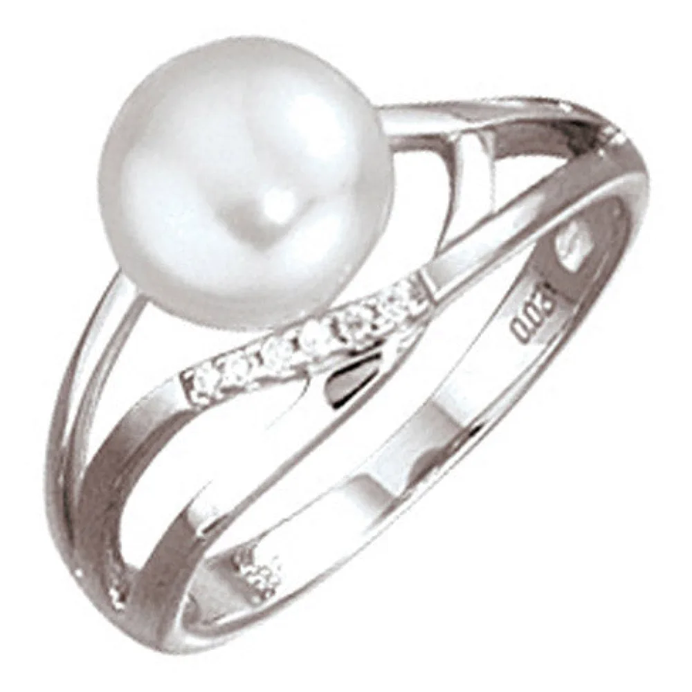 Damen Ring 585 Gold Weißgold 1 Süßwasser Perle 6 Diamanten Brillanten Goldring-58