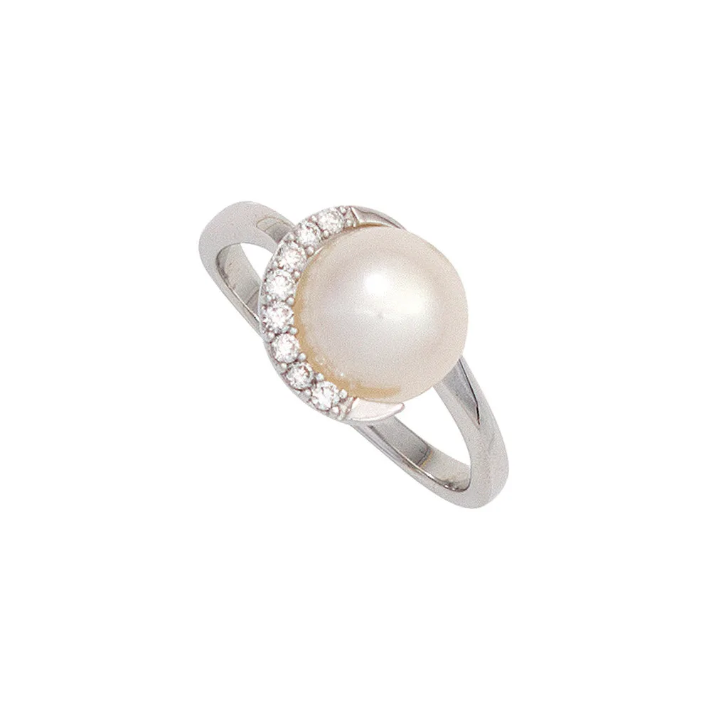 Damen Ring 585 Gold Weißgold 1 Süßwasser Perle 8 Diamanten Brillanten Goldring-54
