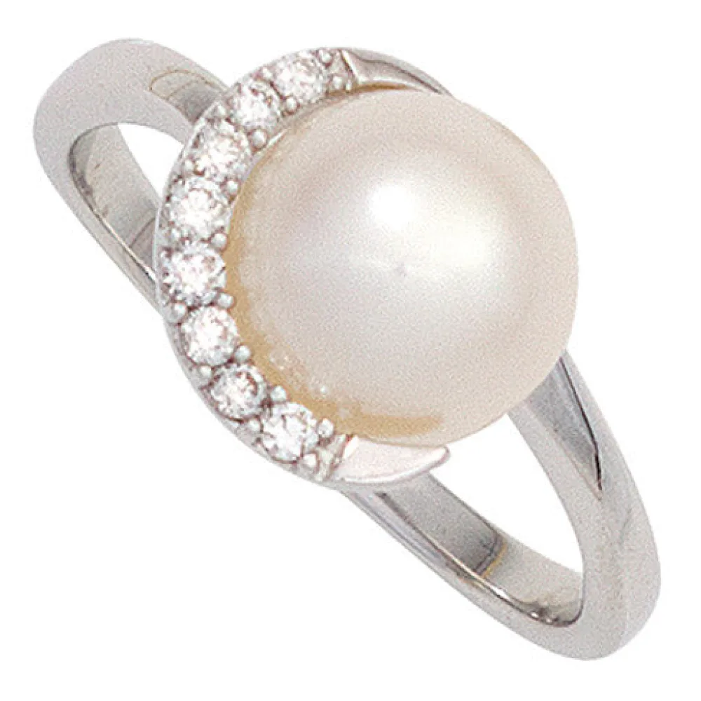 Damen Ring 585 Gold Weißgold 1 Süßwasser Perle 8 Diamanten Brillanten Goldring-60