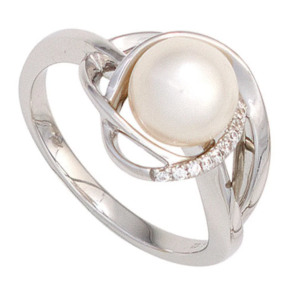 Damen Ring 585 Gold Weißgold 1 Süßwasser Perle 9 Diamanten Brillanten Goldring-60
