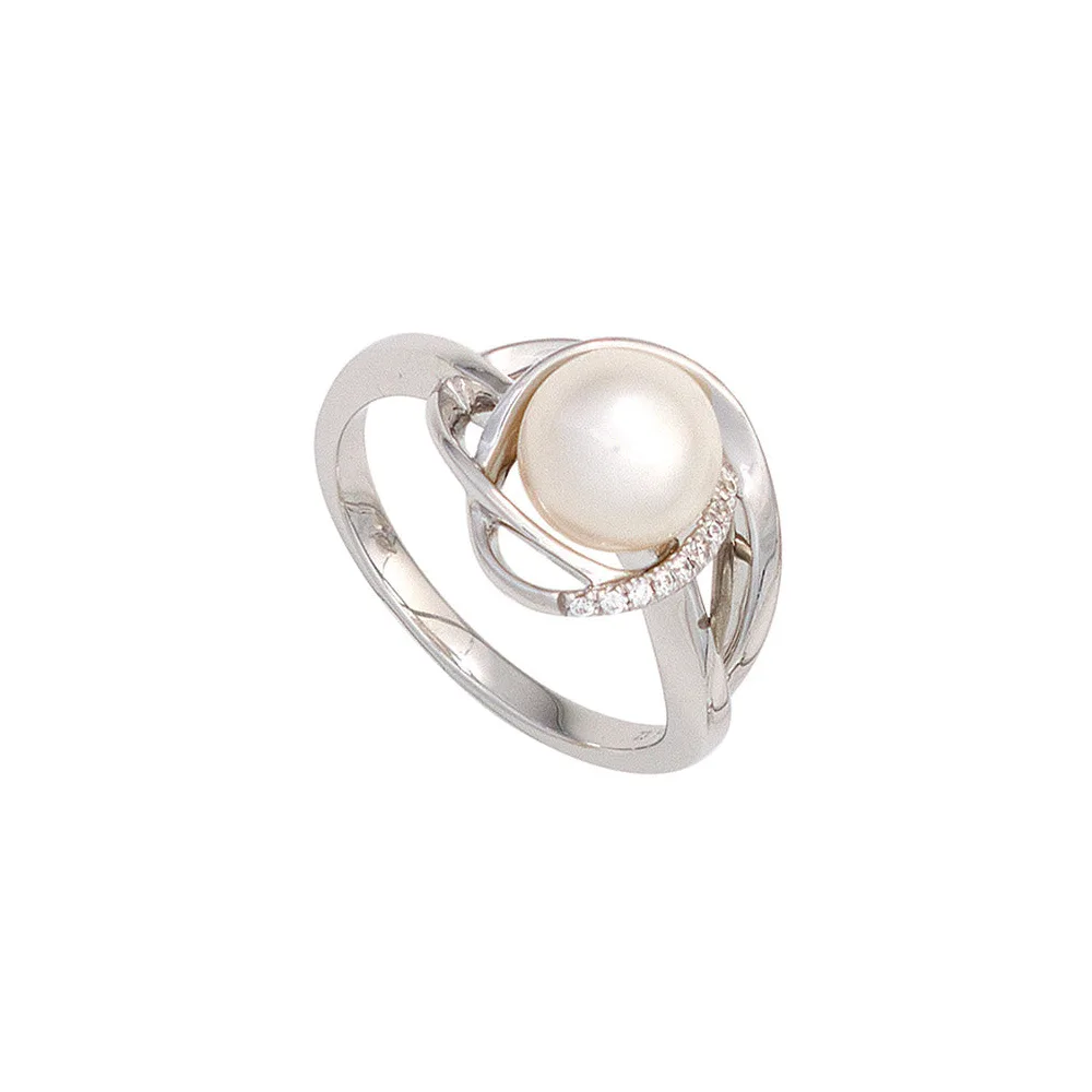 Damen Ring 585 Gold Weißgold 1 Süßwasser Perle 9 Diamanten Brillanten Goldring-60