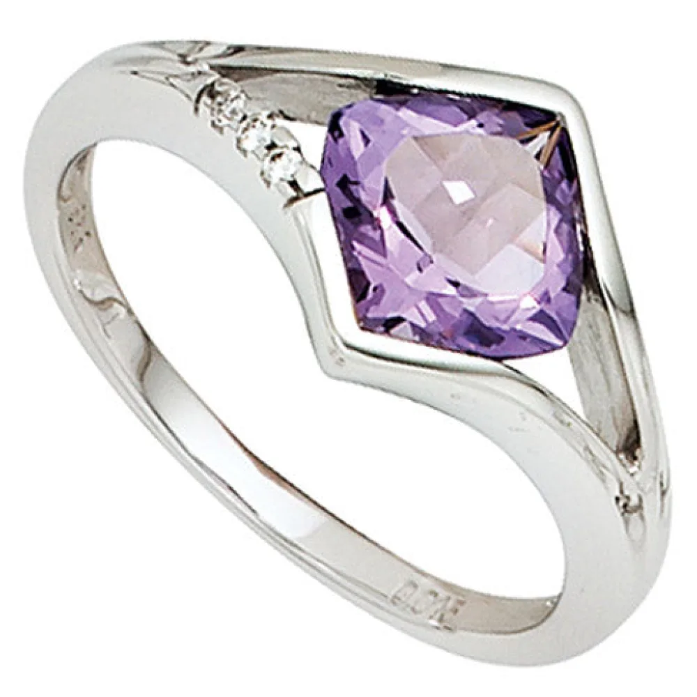 Damen Ring 585 Gold Weißgold 3 Diamanten Brillanten 1 Amethyst lila violett-60