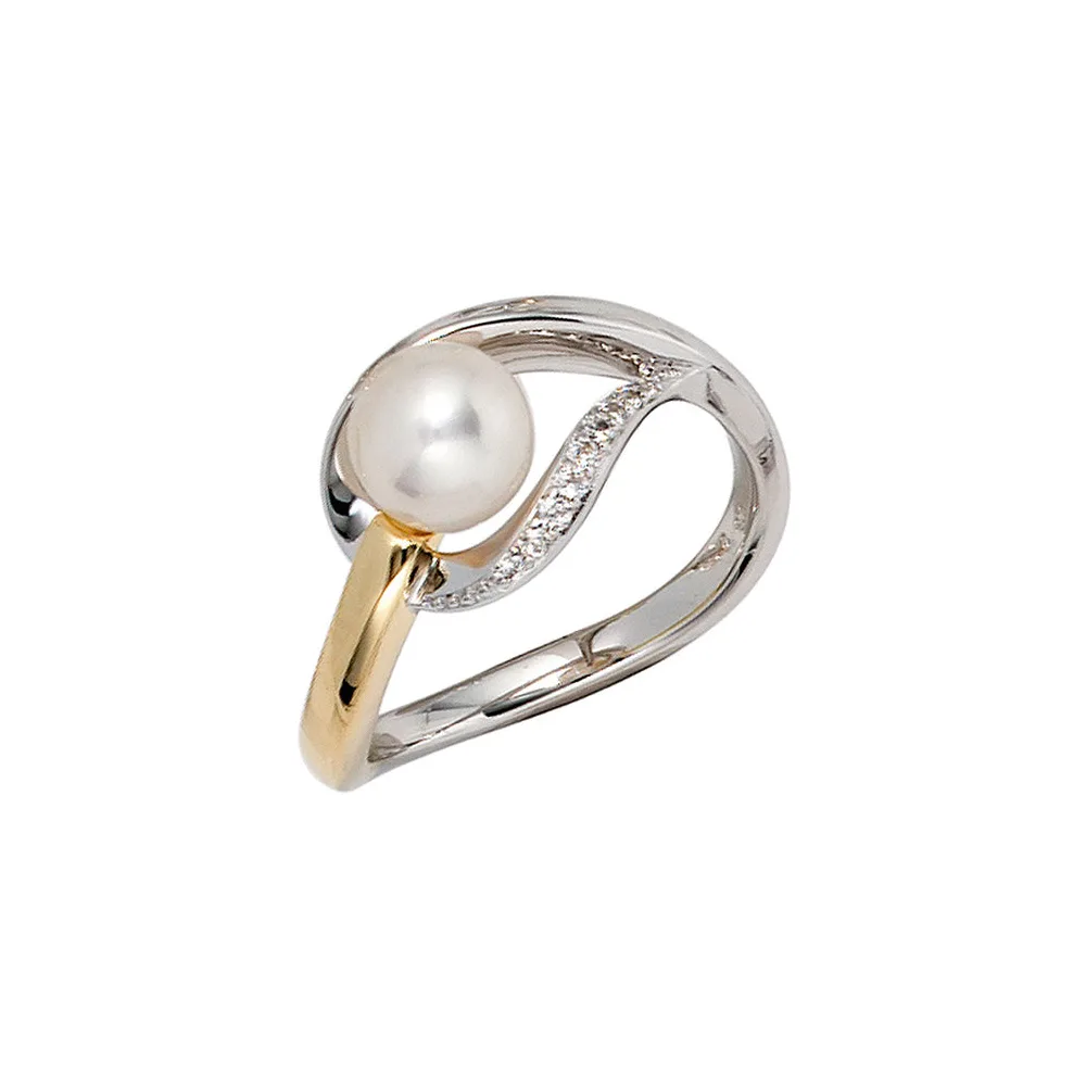 Damen Ring 585 Gold Weißgold Gelbgold bicolor 1 Süßwasser Perle 9 Diamanten-54
