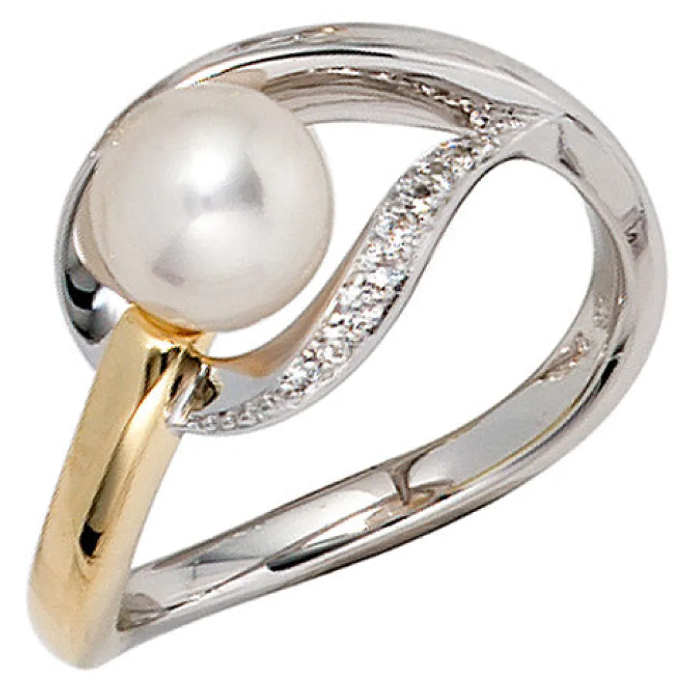 Damen Ring 585 Gold Weißgold Gelbgold bicolor 1 Süßwasser Perle 9 Diamanten-60