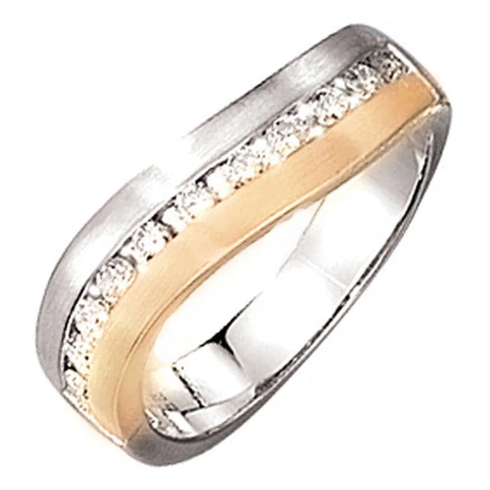 Damen Ring 585 Gold Weißgold Gelbgold bicolor matt 11 Diamanten Brillanten-60