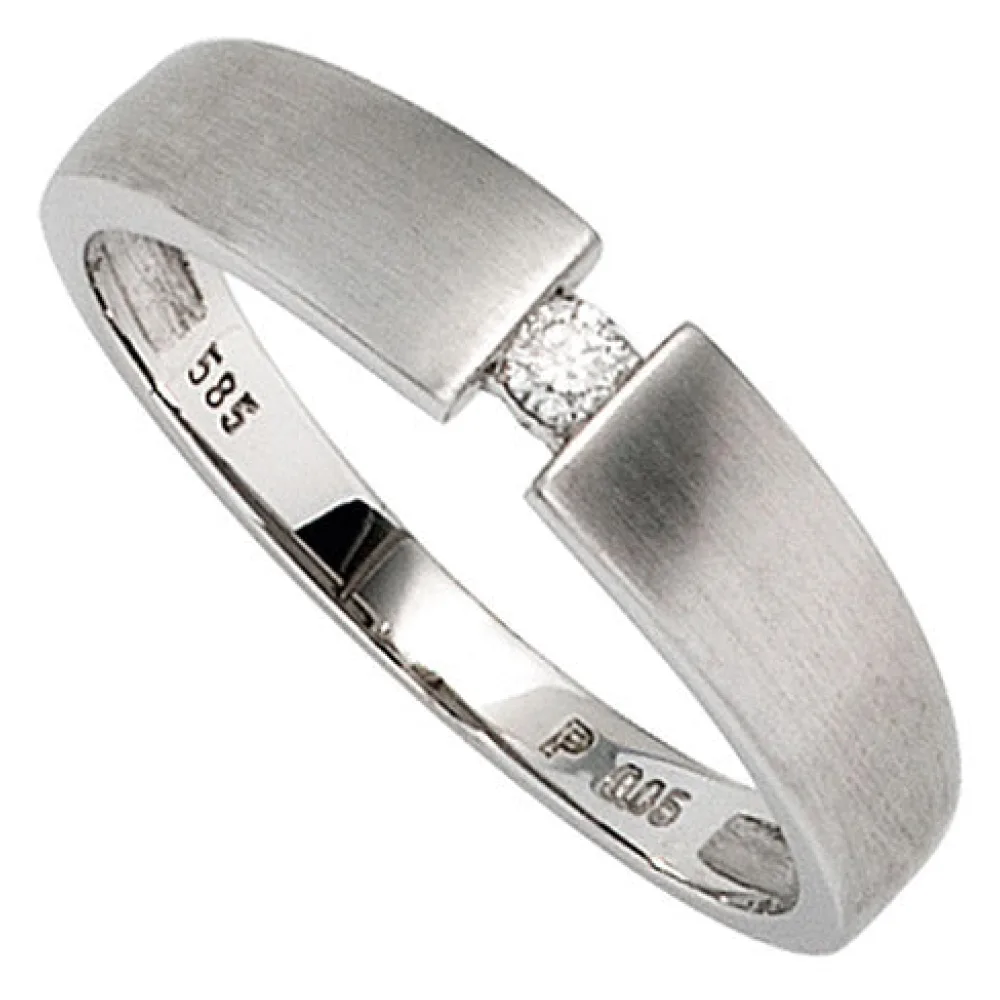 Damen Ring 585 Gold Weißgold matt 1 Diamant Brillant 0 05ct. Weißgoldring-56